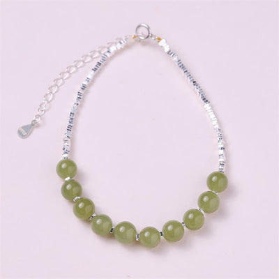 Buddha Stones 925 Sterling Silver Hetian Jade Bead Luck Chain Bracelet Bracelet BS Hetian Jade(Prosperity♥Abundance)