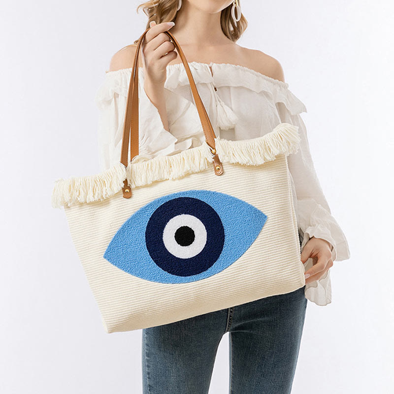 Buddha Stones Large Capacity Evil Eye Leaf Hamsa Tassel Canvas Tote Shoulder Bag Shoulder Bag BS 8