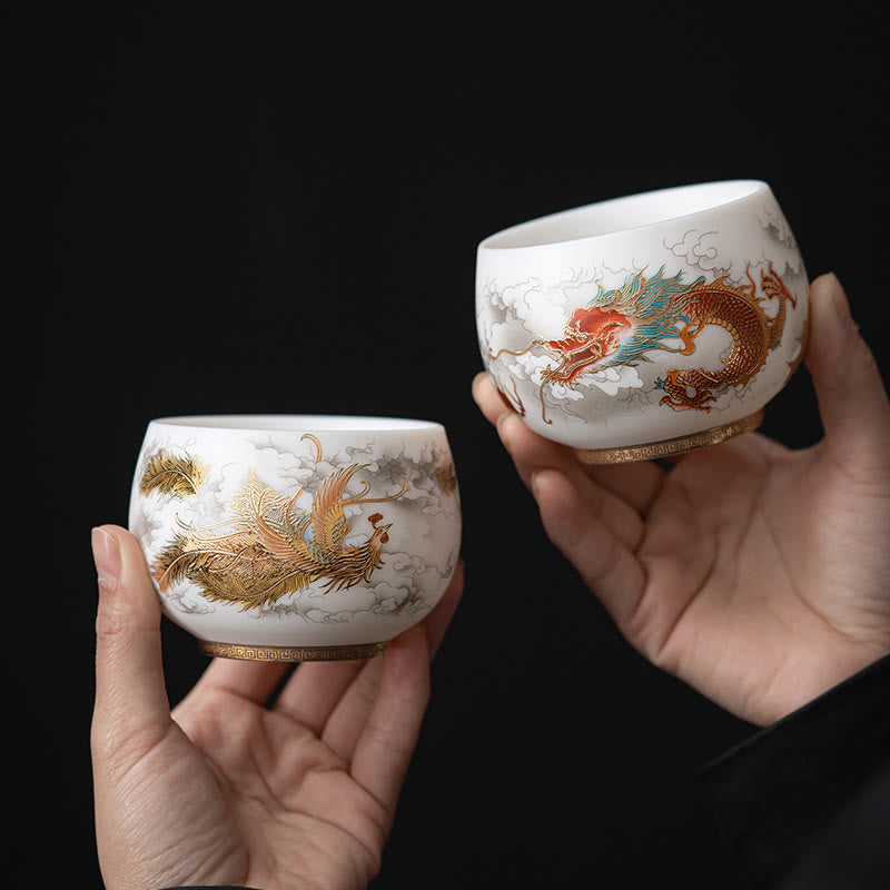 Tasse à thé en céramique Foviel Phoenix Dragon Lotus Deer Ancient Building Koi Fish pour thé Kung Fu