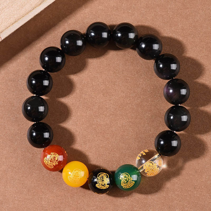 Buddha Stones Gold Sheen Obsidian Rainbow Obsidian Black Obsidian Five Directions Gods of Wealth Bracelet Bracelet BS Rainbow Obsidian 12mm(Wrist Circumference 14-16.5cm)