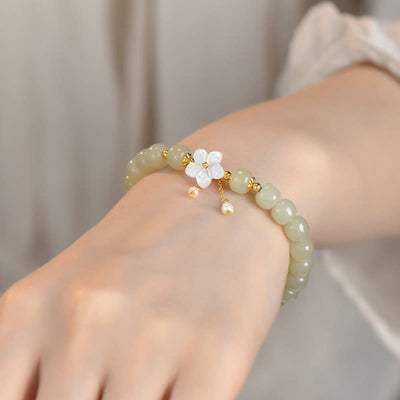Buddha Stones 925 Sterling Silver Natural Hetian Jade Luck Flower Bracelet Bracelet BS 9