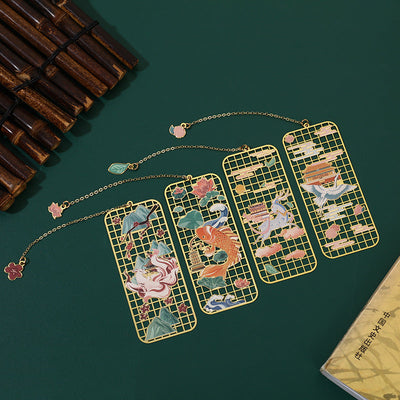 Buddha Stones Elk Koi Fish Crane Nine-Tailed Fox Metal Brass Hollow Bookmark Bookmarks BS 1