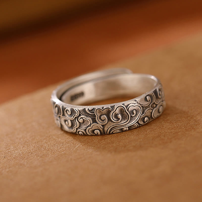 Foviel 999 Sterling Silver Lotus Flower Plum Blossom Auspicious Clouds Engraved Enlightenment Ring