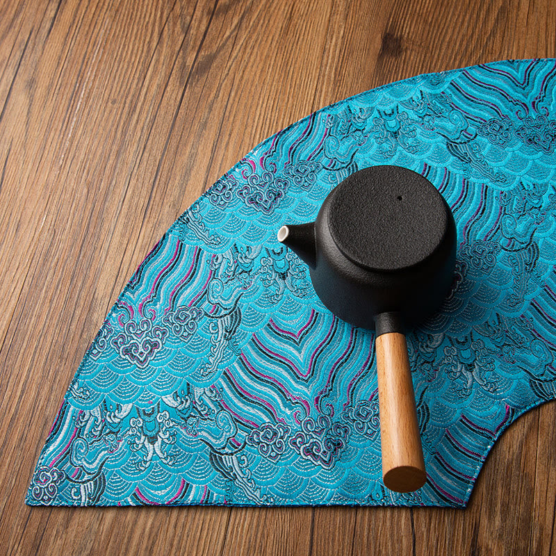 Buddha Stones Vintage Sea Wave Bamboo Plum Blossom Embroidered Cup Mat Pad Tea Cup Coaster Kung Fu Tea Mat Tea Mat BS 5