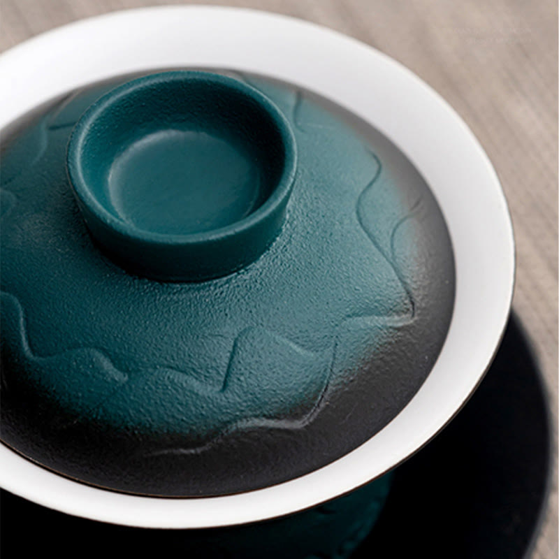 Buddha Stones Retro Blue Ocean Sea Waves Gradient Ceramic Gaiwan Sancai Teacup Kung Fu Tea Cup And Saucer With Lid Cup BS 6