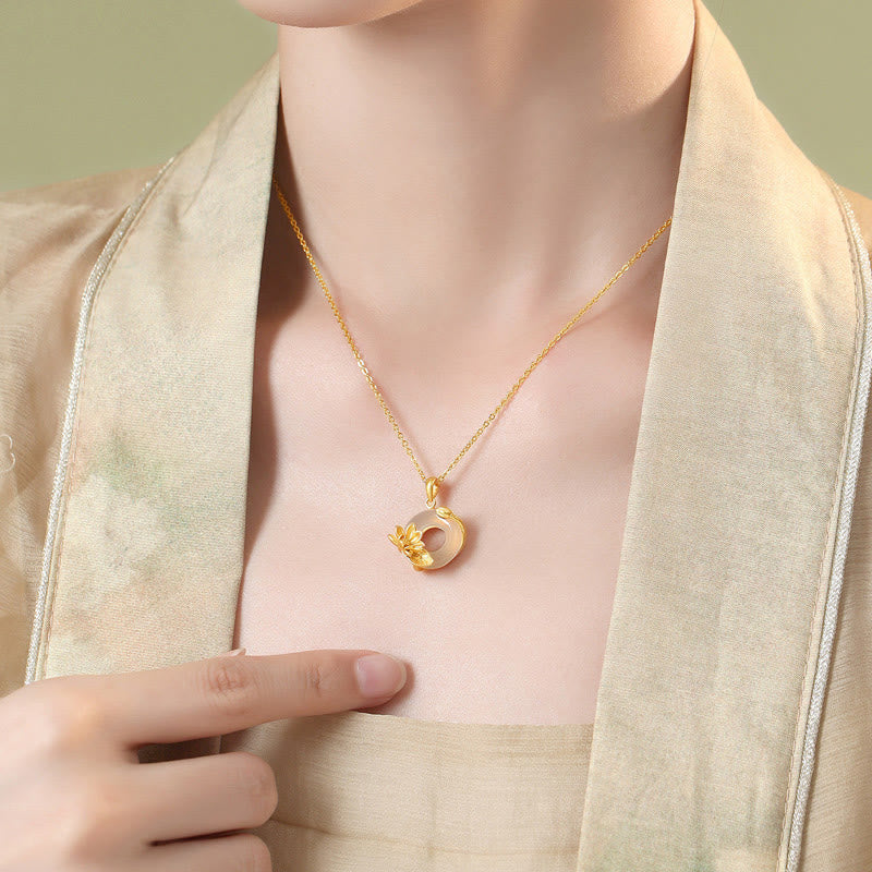 Buddha Stones Natural White Chalcedony Peace Buckle Lotus Pendant S925 Sterling Silver Necklace 7