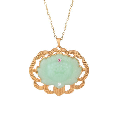 Buddha Stones Natural Jade Lotus Harmony Necklace Pendant Necklaces & Pendants BS 2