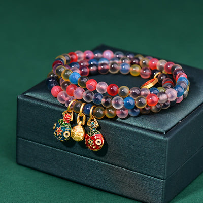 Buddha Stones Colorful Candy Agate Gold Swallowing Beast Family Strength Charm Triple Wrap Bracelet Bracelet BS 5
