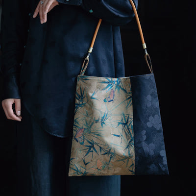 Buddha Stones Bamboo Leaves Flower Butterfly Persimmon Shoulder Bag Handbag Shoulder Bag BS Khaki Bamboo Butterfly 33*33cm
