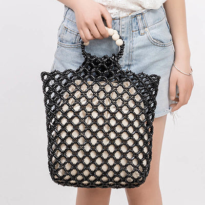 Buddha Stones Hand-woven Fishing Line Braiding Mesh Hollow Wooden Beads Handbag Handbags BS 12