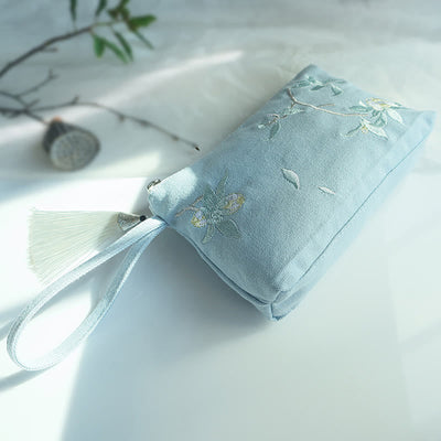 Buddha Stones Small Flower Plum Cherry Crane Peach Blossom Embroidery Canvas Wallet Shopping Purse Purse BS Light Blue White Tea Flower 21*13cm
