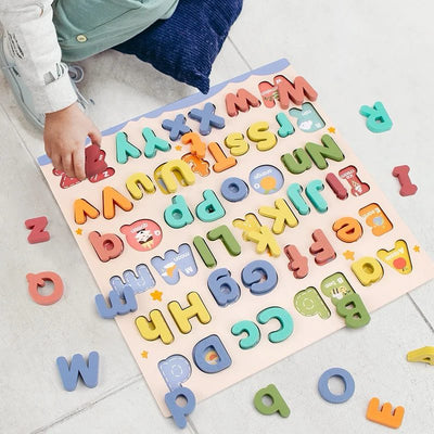 Tableau de l'alphabet majuscules et minuscules – Puzzle en bois pour l'apprentissage précoce de la lecture et la reconnaissance des lettres