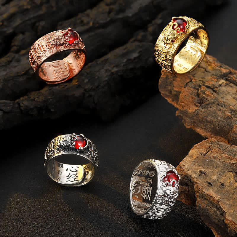 Buddha Stones FengShui PiXiu Red Garnet Heart Sutra Wealth Ring Ring BS 1