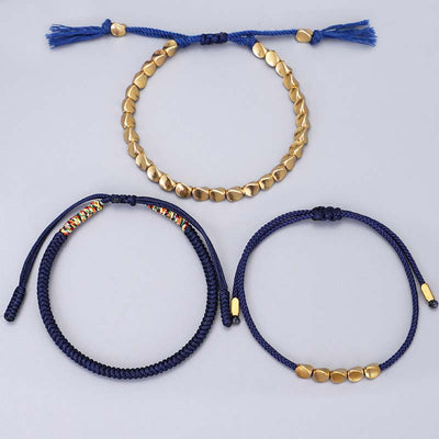 Buddha Stones 3 PCS Tibetan Copper Beads Healing Protection Luck Bracelet Set Bracelet BS 4