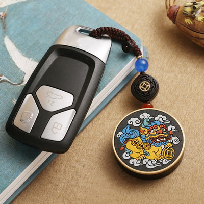 Buddha Stones PiXiu Copper Coin Ebony Wood Luck Attract Wealth Key Chain Decoration Key Chain BS 8