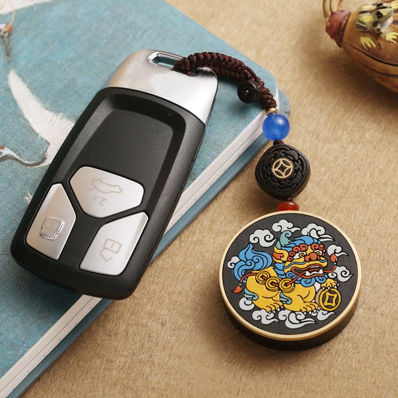 Buddha Stones PiXiu Copper Coin Ebony Wood Luck Attract Wealth Key Chain Decoration Key Chain BS 8