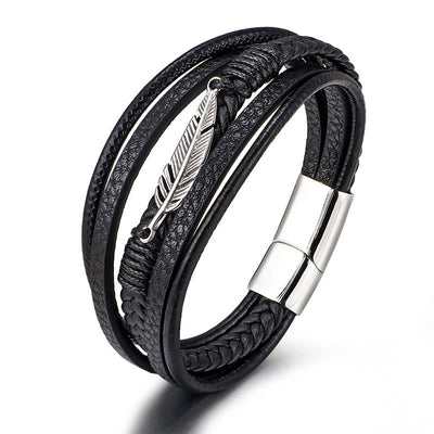 Buddha Stones Feather Pattern Multilayer Leather Titanium Steel Calm Braided Magnetic Buckle Bracelet Bracelet BS Silver 21.5cm