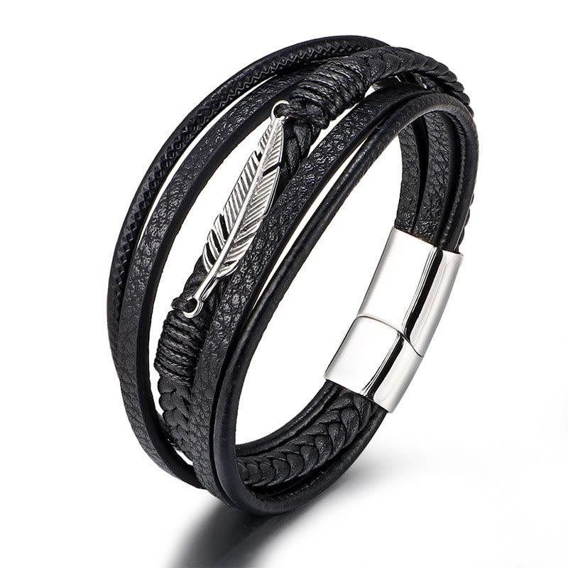 Buddha Stones Feather Pattern Multilayer Leather Titanium Steel Calm Braided Magnetic Buckle Bracelet Bracelet BS Silver 21.5cm