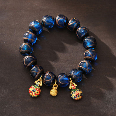 Buddha Stones Gold Swallowing Beast Luck Charm Blue Liuli Glass Bead Fortune Bracelet Bracelet BS 14mm(Wrist Circumference 14-16cm)