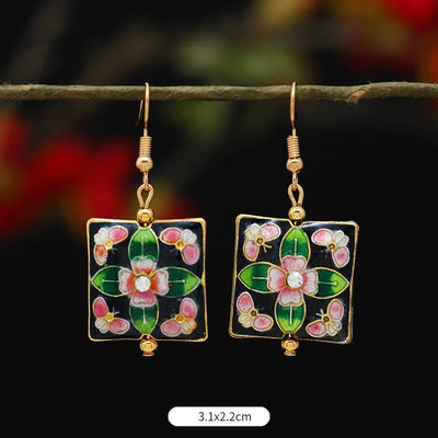 Buddha Stones Lotus Butterfly Flower Alloy Copper Enlightenment Drop Earrings Earrings BS Square Green Flower 3.1*2.2cm