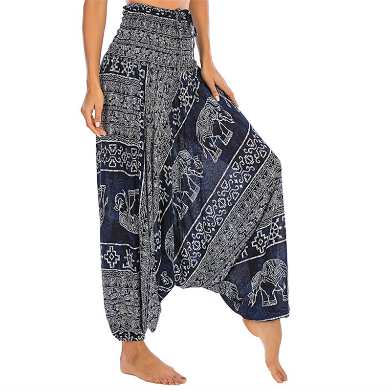 Buddha Stones Two Style Wear Elephant Pattern Loose Smocked Harem Trousers Jumpsuit Women's Yoga Pants Harem Pants&Bodysuit BS Blue Elephant(Waist 60-100cm)