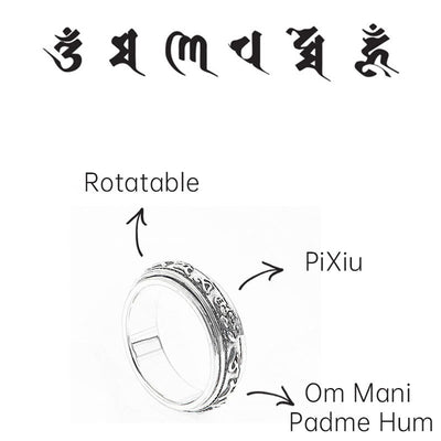 Buddha Stones Tibetan Om Mani Padme Hum PiXiu Engraved Wealth Luck Rotatable Ring Ring BS 2