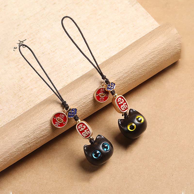 Buddha Stones Ebony Wood Lucky Cat Auspicious Cloud Peace Key Chain Phone Hanging Decoration Key Chain BS 19