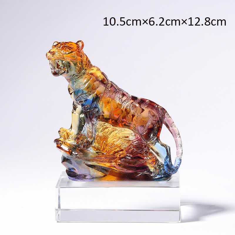 Buddha Stones Handmade Liuli Crystal Tiger Art Piece Protection Home Decoration Decorations BS Colorful&Base