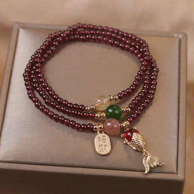 Buddha Stones Natural Garnet Strawberry Quartz Crystal Fox Koi Fish Peace Buckle Fortune Protection Triple Wrap Bracelet Bracelet BS 5