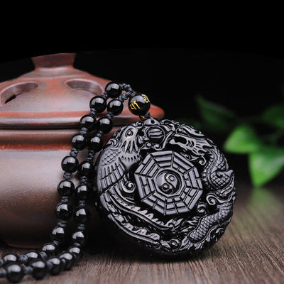 Collier pendentif Foviel Bagua Dragon Phénix en obsidienne
