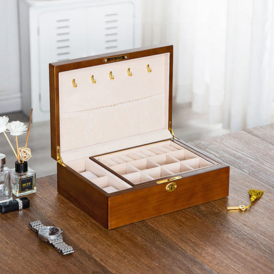 Buddha Stones Vintage Wooden Jewelry Box Two-Layer Solid Wood Jewelry Storage Box Jewelry Box BS 9
