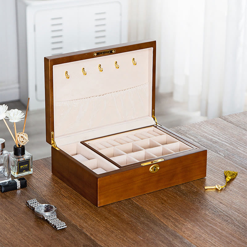 Buddha Stones Vintage Wooden Jewelry Box Two-Layer Solid Wood Jewelry Storage Box Jewelry Box BS 9