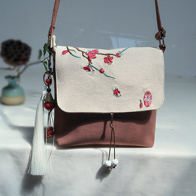 Buddha Stones Handmade Embroidered Plum Flowers Canvas Crossbody Bag Shoulder Bag Handbag Crossbody Bag BS Brown Red Plum 17*19cm