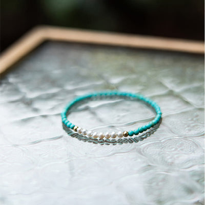 Buddha Stones 925 Sterling Silver Natural Turquoise Pearl Beaded Bracelet Bracelet BS 12