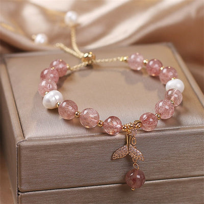 Buddha Stones Strawberry Quartz Rutilated Quartz Fishtail Charm Healing Bracelet Bracelet BS Strawberry Quartz(Wrist Circumference 14-19cm)