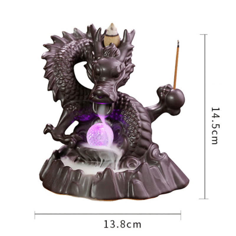 Buddha Stones Auspicious Dragon Ceramic Backflow Smoke Fountain Meditation Healing Incense Burner Led Ball Decoration Incense Burner BS 12