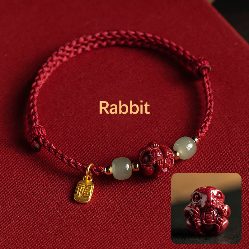 Buddha Stones Natural Cinnabar Chinese Zodiac Hetian Jade Fu Character Luck Rope Bracelet - Rabbit(Wrist Circumference 14-18cm) - image 3