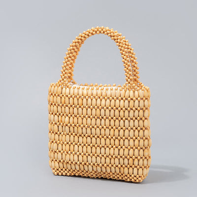 Buddha Stones Hand-woven Wooden Beads Handbag Handbags BS Khaki 19.5*4.5*18.5cm