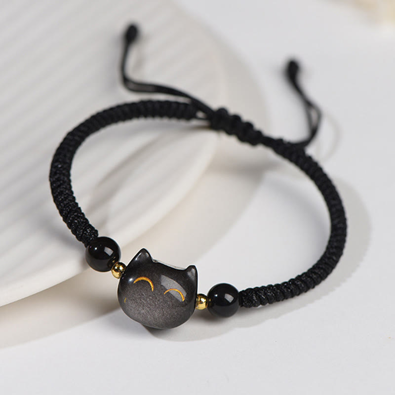 Buddha Stones Handmade Natural Silver Sheen Obsidian Strawberry Quartz Cute Cat Protection Braided Bracelet Bracelet BS 2