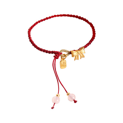 Buddha Stones Handmade Peach Blossom Rosette Bow Knot Fu Character Charm Luck Fortune Red Rope Bracelet Bracelet BS 8