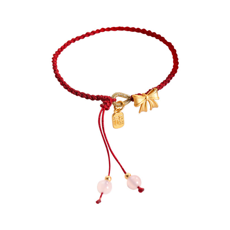 Buddha Stones Handmade Peach Blossom Rosette Bow Knot Fu Character Charm Luck Fortune Red Rope Bracelet Bracelet BS 8