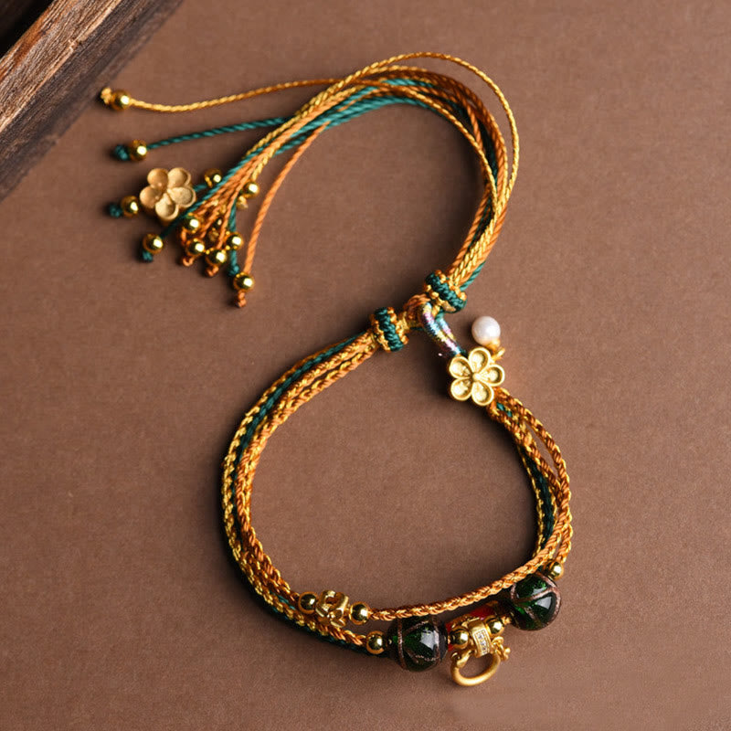 Buddha Stones Tibetan Handmade Rope Liuli Glass Bead Braided Multilayered Healing Bracelet Bracelet BS 4