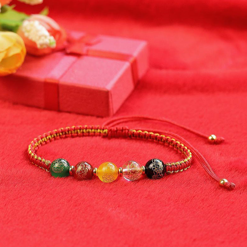 Buddha Stones Five Directions Gods of Wealth Agate Handmade Protection String Braid Bracelet Bracelet BS 4