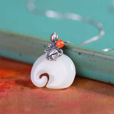 Buddha Stones White Jade Elephant Lotus Protection Necklace Pendant Necklaces & Pendants BS 3