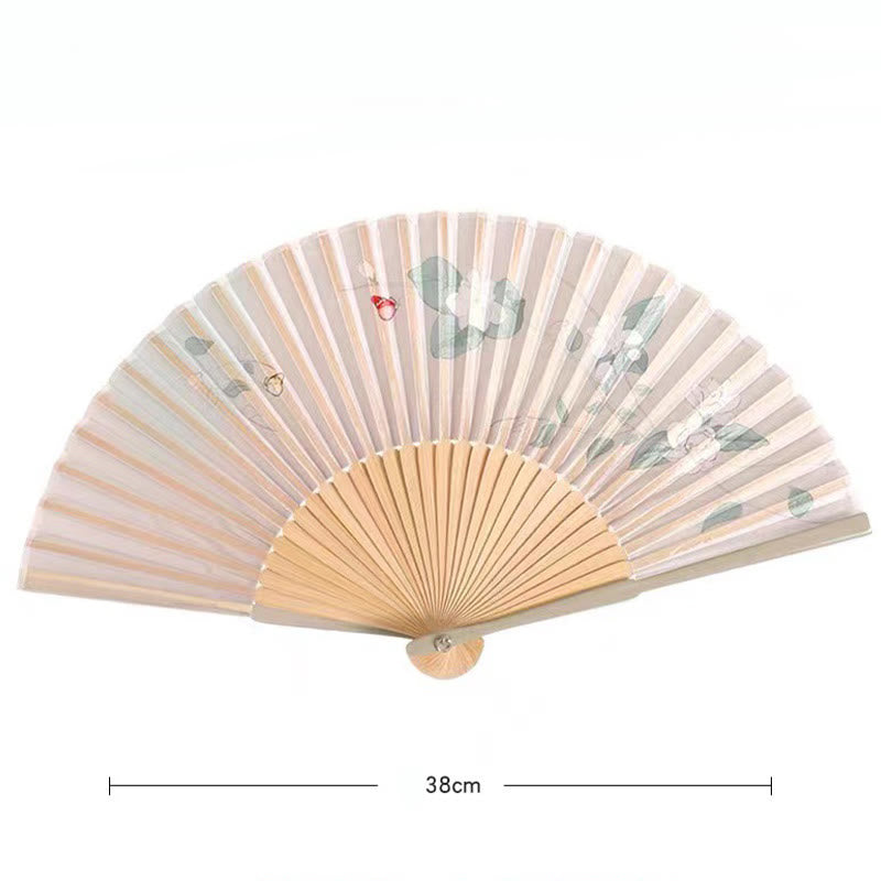 Buddha Stones Lotus Begonia Flower Jasmine Handheld Silk Bamboo Folding Fan 21cm 9