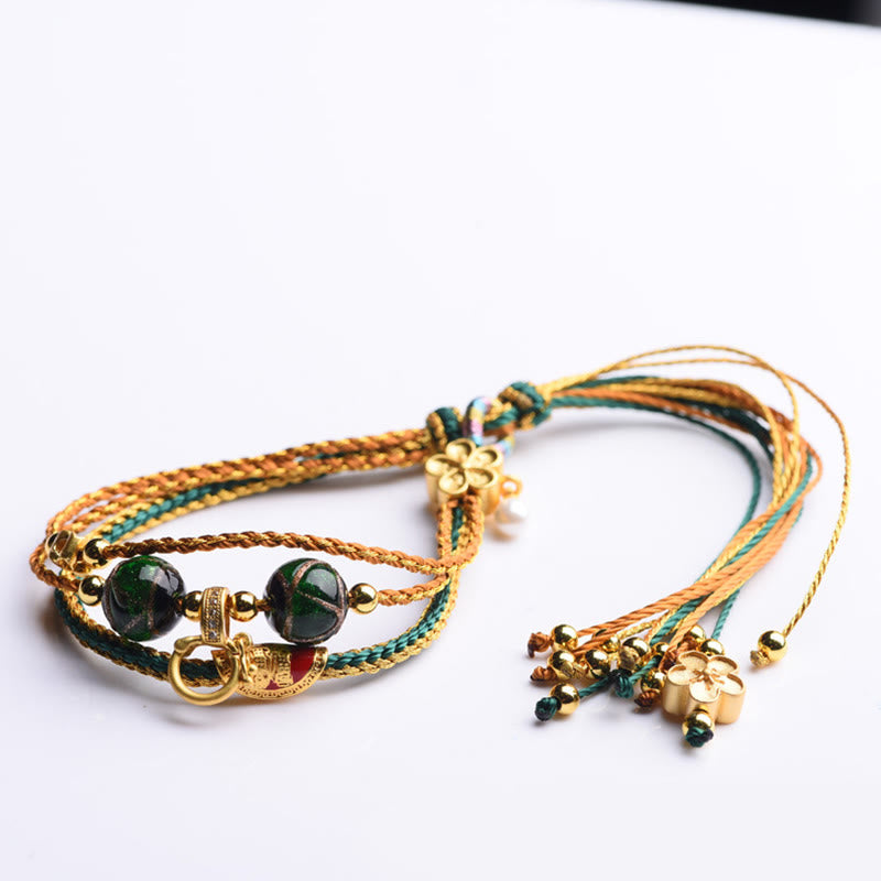 Buddha Stones Tibetan Handmade Rope Liuli Glass Bead Braided Multilayered Healing Bracelet Bracelet BS 8