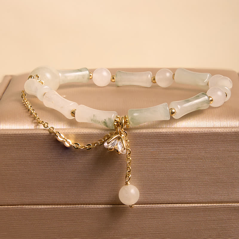 Buddha Stones Tianshan White Jade Bamboo Pattern Luck Blessing Bracelet 8