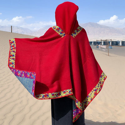 Buddha Stones Tibetan Shawl Border Small Floral Flower Hooded Cloak Winter Cozy Travel Scarf Wrap Tibetan Shawl BS 34