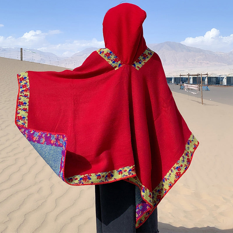 Buddha Stones Tibetan Shawl Border Small Floral Flower Hooded Cloak Winter Cozy Travel Scarf Wrap Tibetan Shawl BS 34