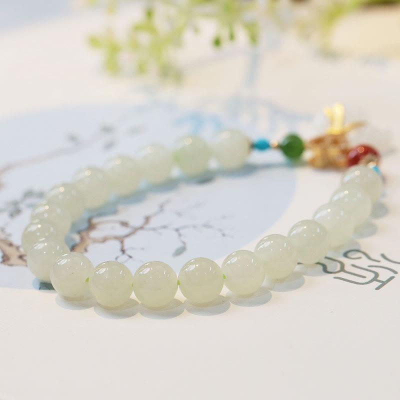 Buddha Stones Natural Hetian White Jade 14K Gold Plated Money Bag Blessing Bracelet Bracelet BS 2